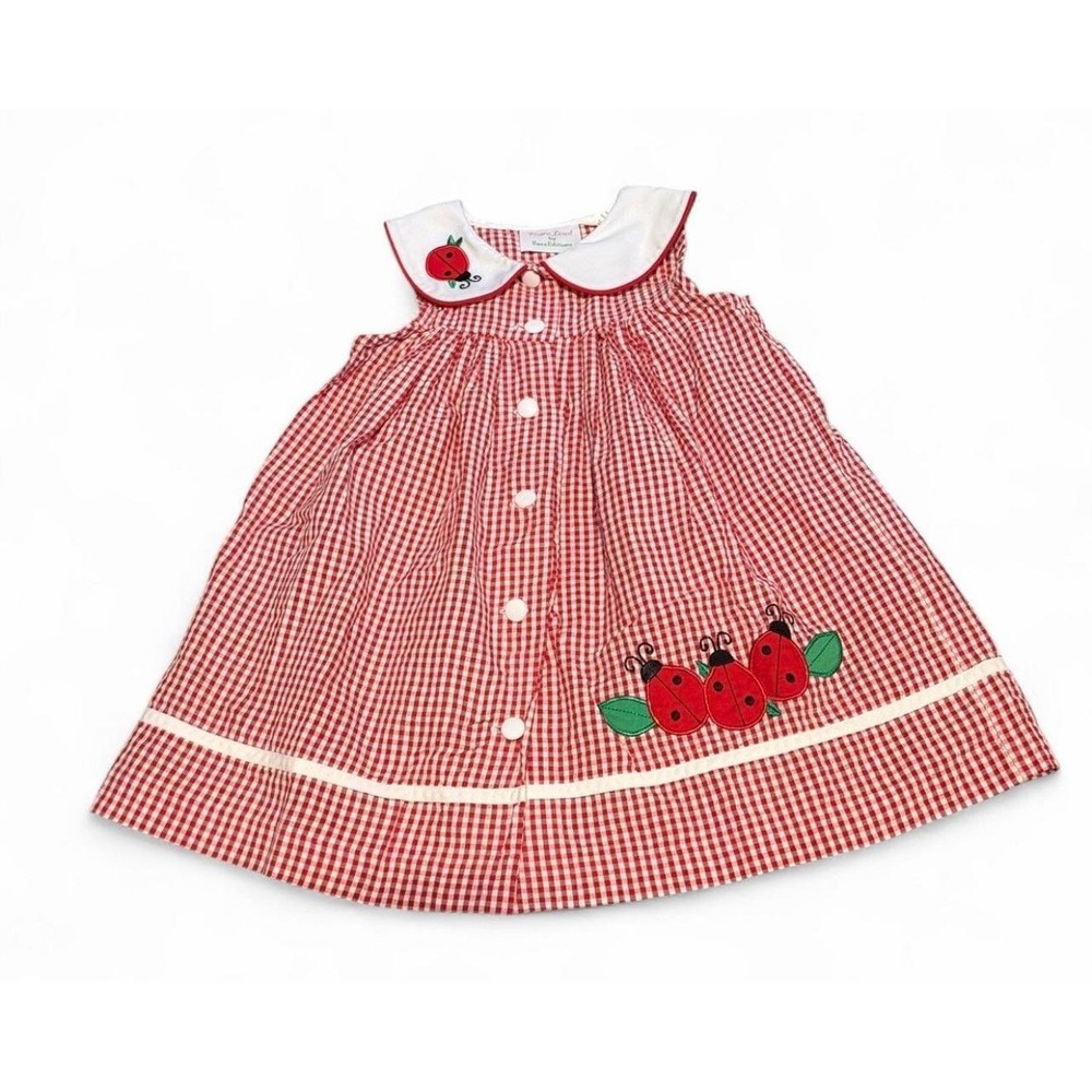 Rare Too! Girls 4T Ladybug Dress Red White Gingham Embroidered Cottagecore